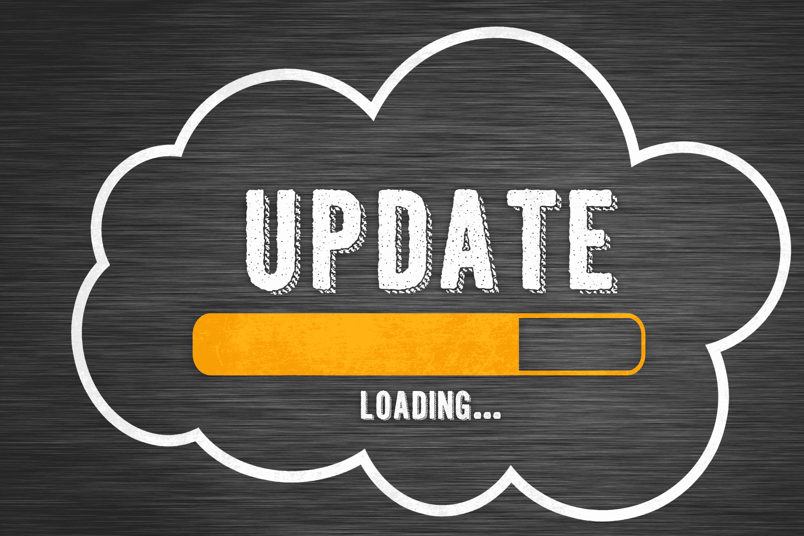 Cloud graphic with the word “Update” and a yellow progress bar showing loading in progress on a dark textured background.